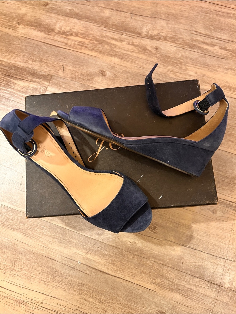 Women’s Navy Suede Ankle-Strap Wedge Sandals
